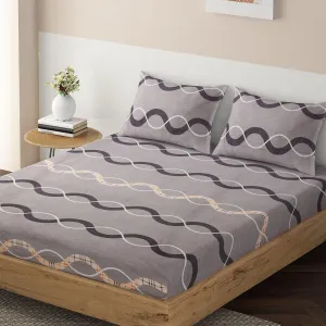 140 GSM Microfiber Fitted Bedsheet with 2 Pillow Covers for Queen / King Size bed, Elegant Grey Waves