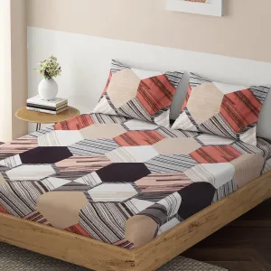 140 GSM Microfiber Fitted Bedsheet with 2 Pillow Covers for Queen / King Size bed, Posh Peach Abstract Hexagon