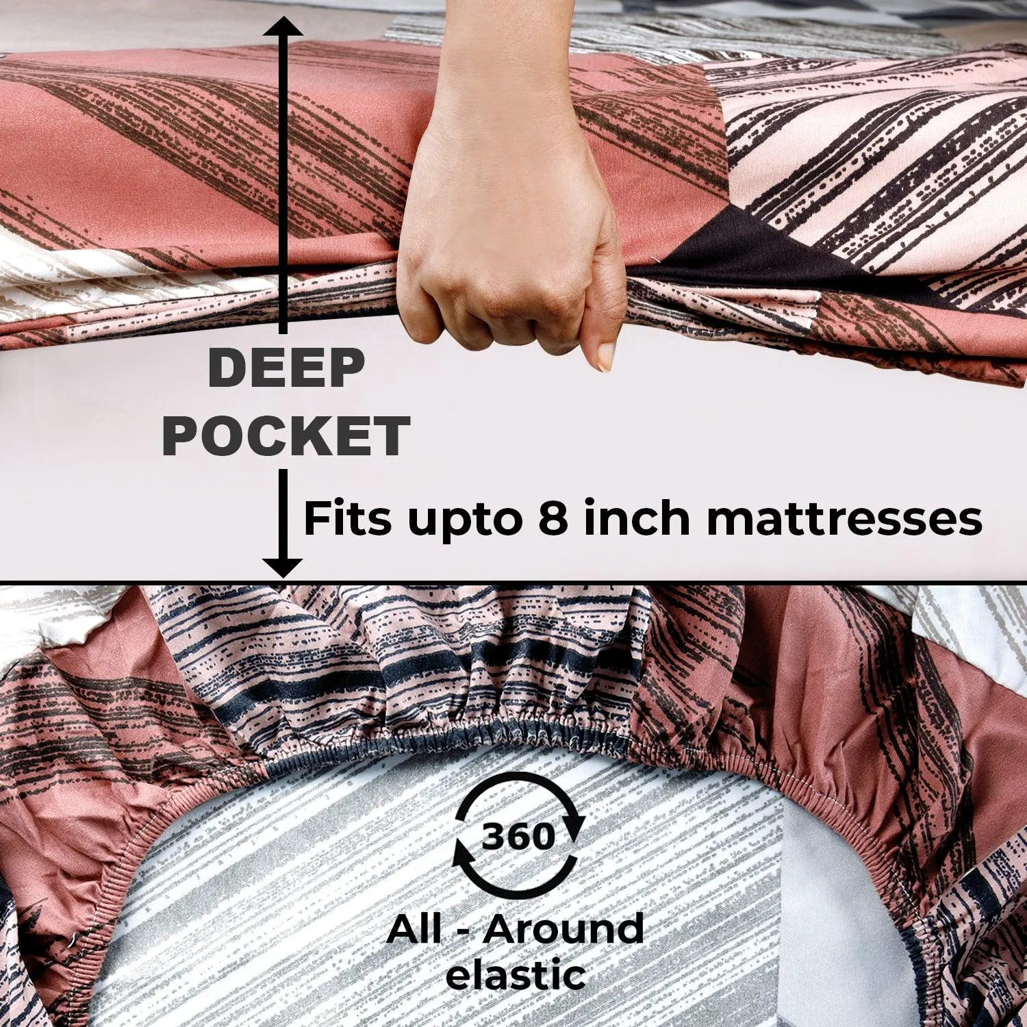 140 GSM Microfiber Fitted Bedsheet with 2 Pillow Covers for Queen / King Size bed, Posh Peach Abstract Hexagon