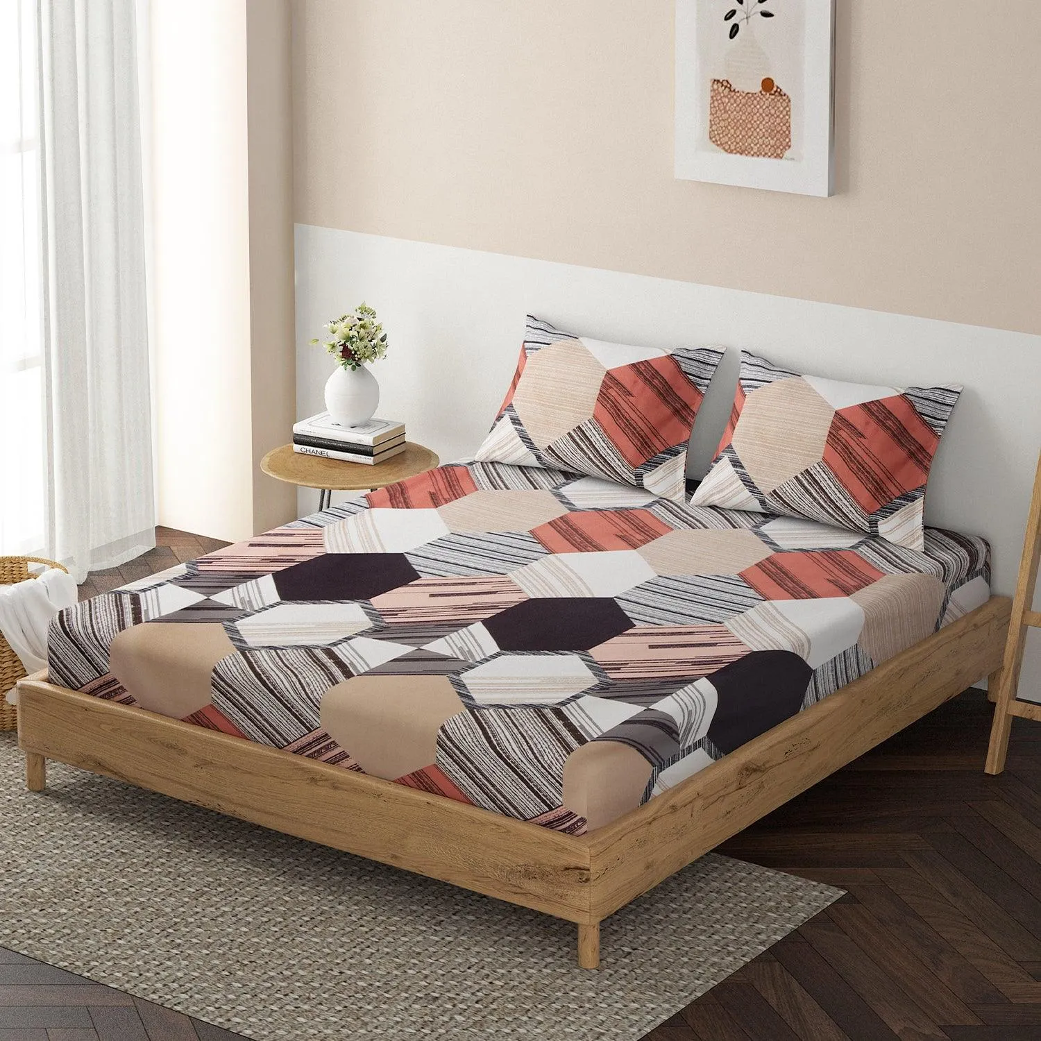140 GSM Microfiber Fitted Bedsheet with 2 Pillow Covers for Queen / King Size bed, Posh Peach Abstract Hexagon