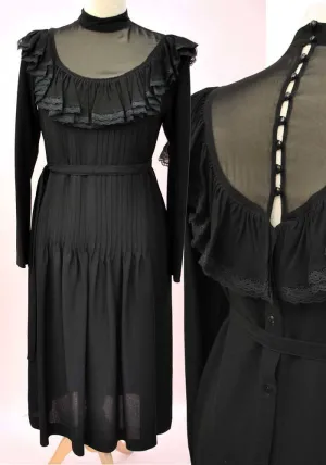 1970s Vintage Black Chiffon Pleated Cocktail Dress • Illusion Bodice
