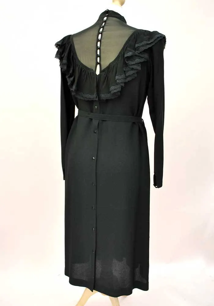 1970s Vintage Black Chiffon Pleated Cocktail Dress • Illusion Bodice
