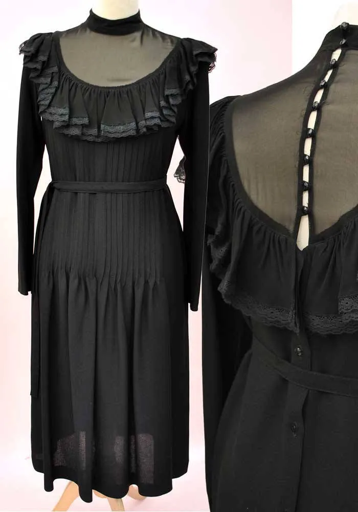 1970s Vintage Black Chiffon Pleated Cocktail Dress • Illusion Bodice