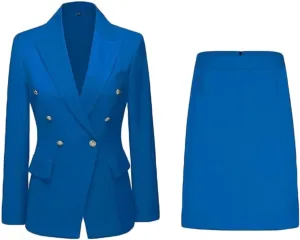 2 PC Womens Skirt Suit for Work Double Breasted Office Business Suit Notch Lapel Blazer Skirt Prom Suit