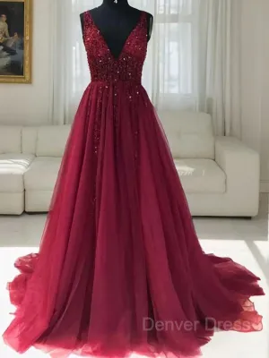 A-Line V-neck Sweep Train Tulle Evening Dresses With Ruffles