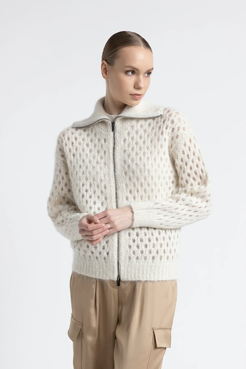 Alpaca and mohair zip-up cardigan