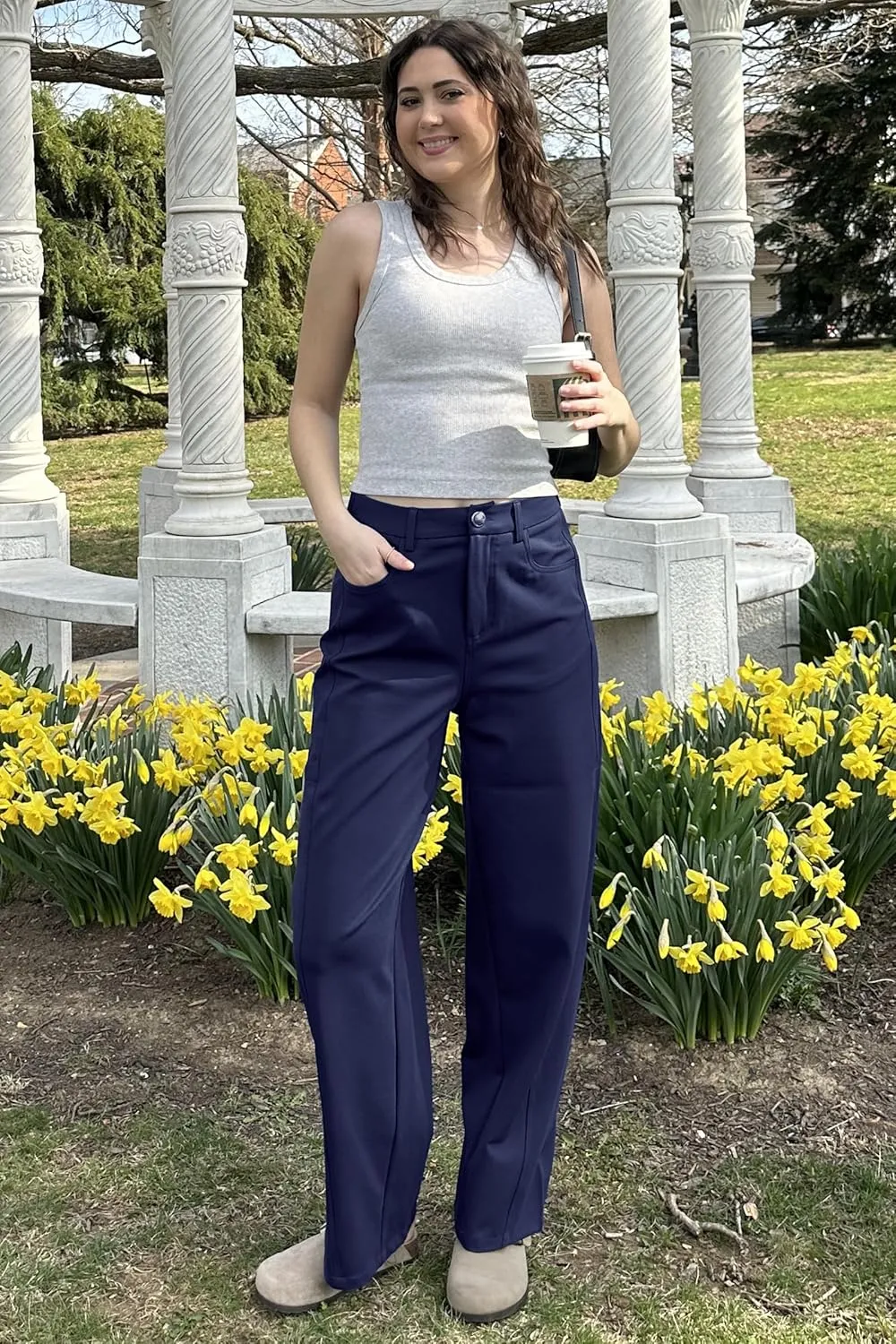 Arach&Cloz 2025 Women's Stretch Wrinkle Free Wide Leg Trousers Casual High Elastic Waisted Loose Palazzo Pants with Pockets