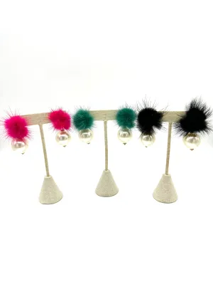 Aster Faux Mink Pompom & Pearl Earrings