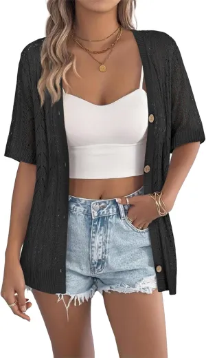 BB&KK Women's Crochet Open Front Cardigan Button Short Sleeve V Neck Soft Knitted Sweater Outerwear Cover Up