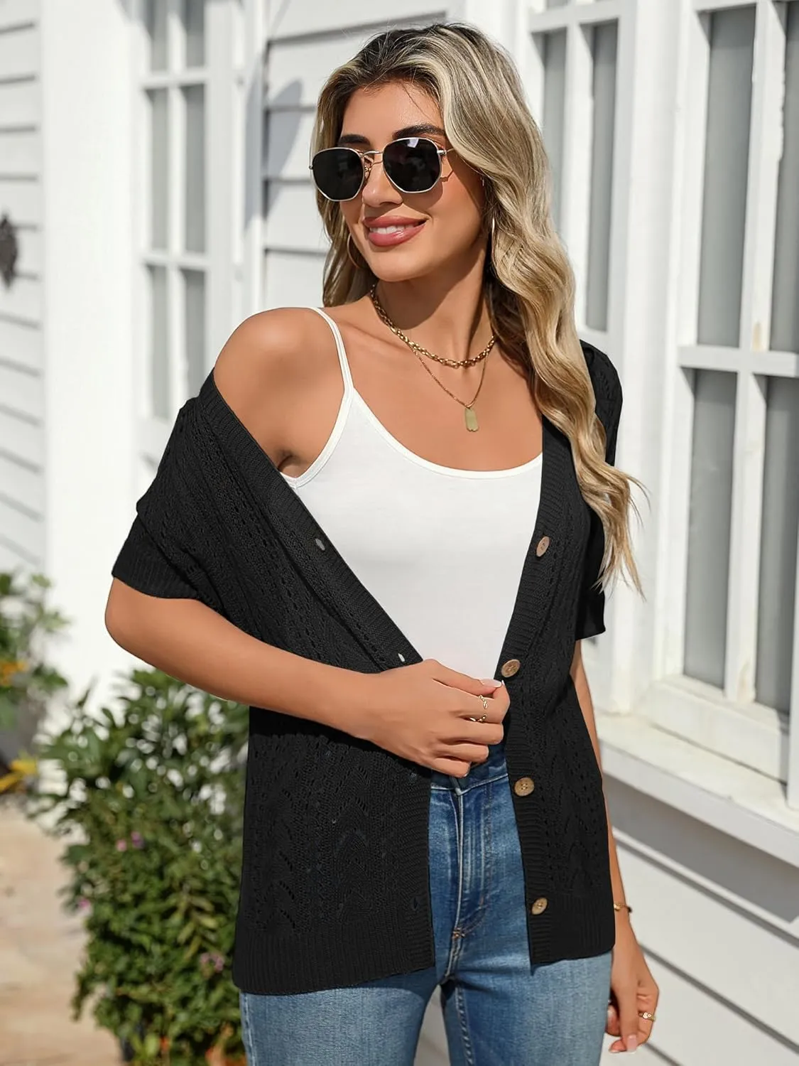 BB&KK Women's Crochet Open Front Cardigan Button Short Sleeve V Neck Soft Knitted Sweater Outerwear Cover Up