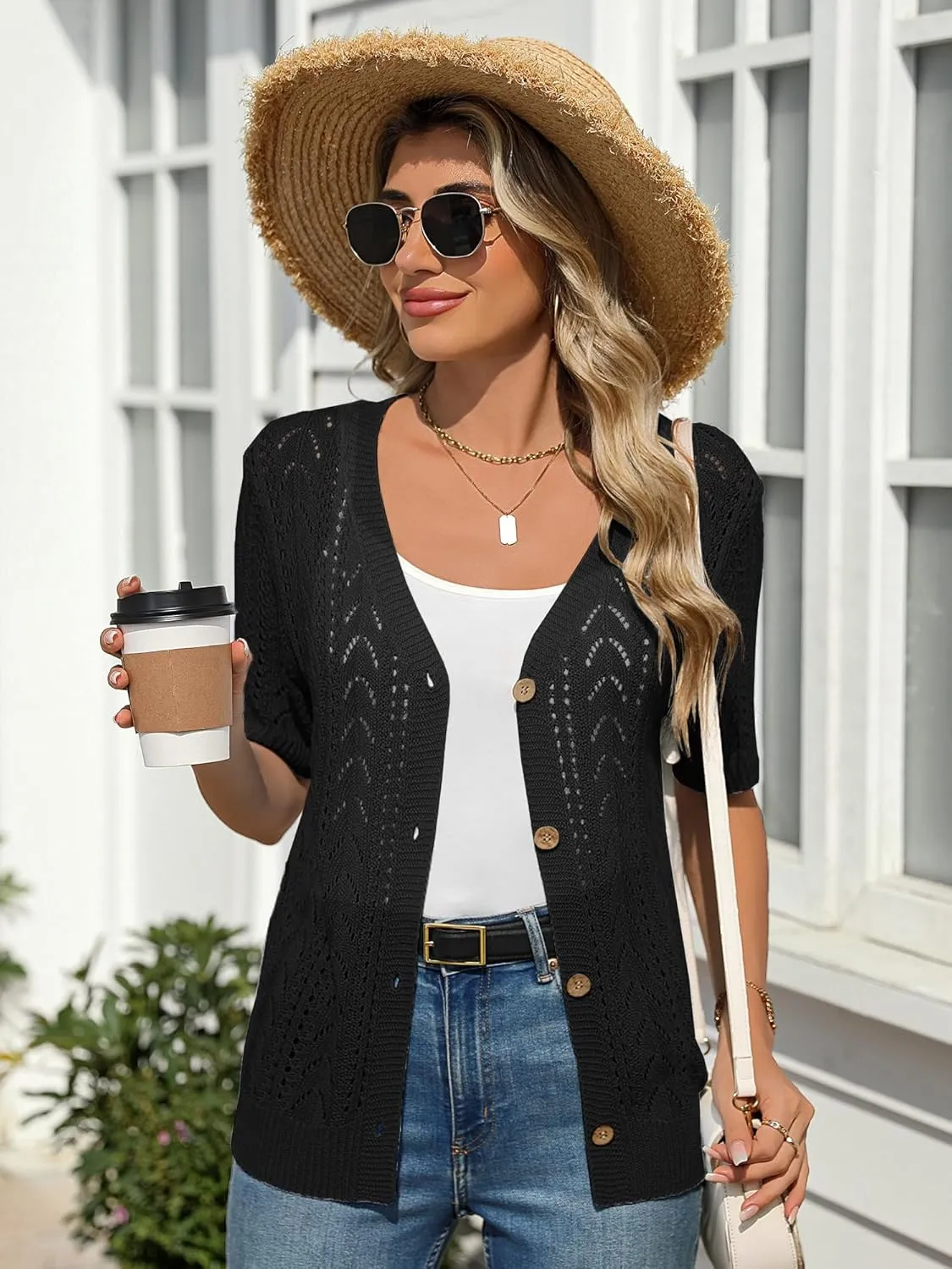 BB&KK Women's Crochet Open Front Cardigan Button Short Sleeve V Neck Soft Knitted Sweater Outerwear Cover Up