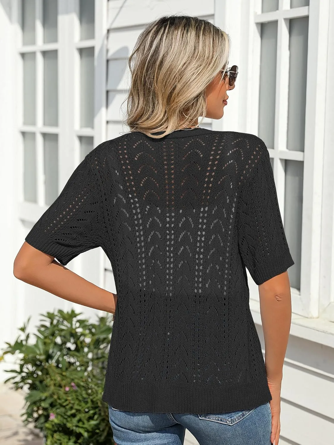 BB&KK Women's Crochet Open Front Cardigan Button Short Sleeve V Neck Soft Knitted Sweater Outerwear Cover Up