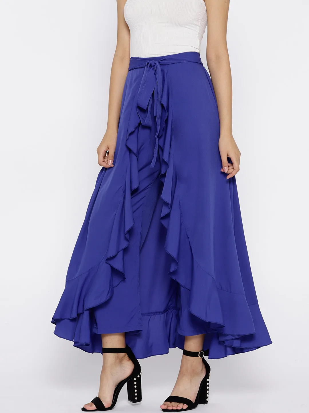 Berrylush Women Solid Blue Waist Tie-Up Ruffled Maxi Skirt with Attached Trousers