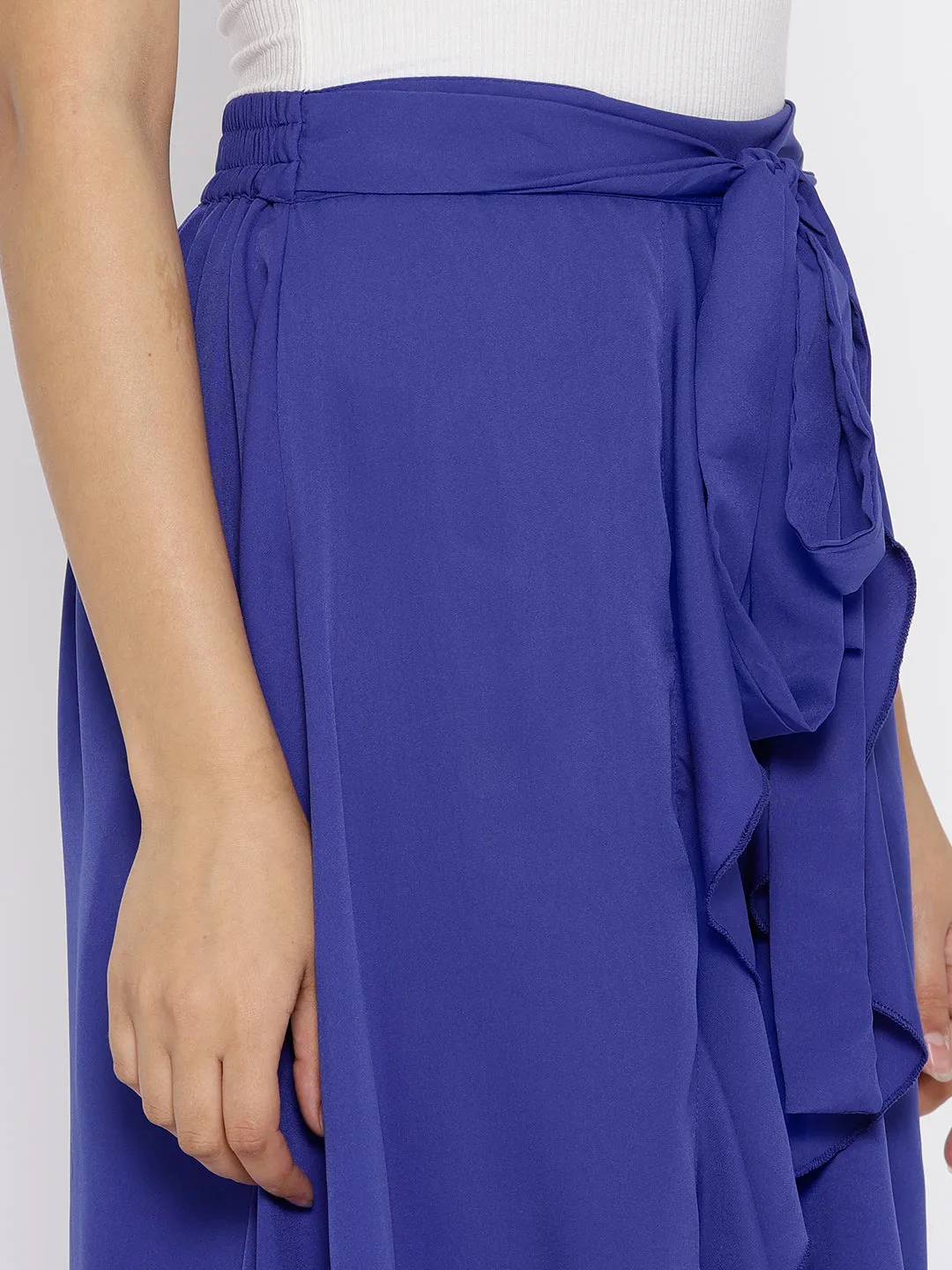 Berrylush Women Solid Blue Waist Tie-Up Ruffled Maxi Skirt with Attached Trousers