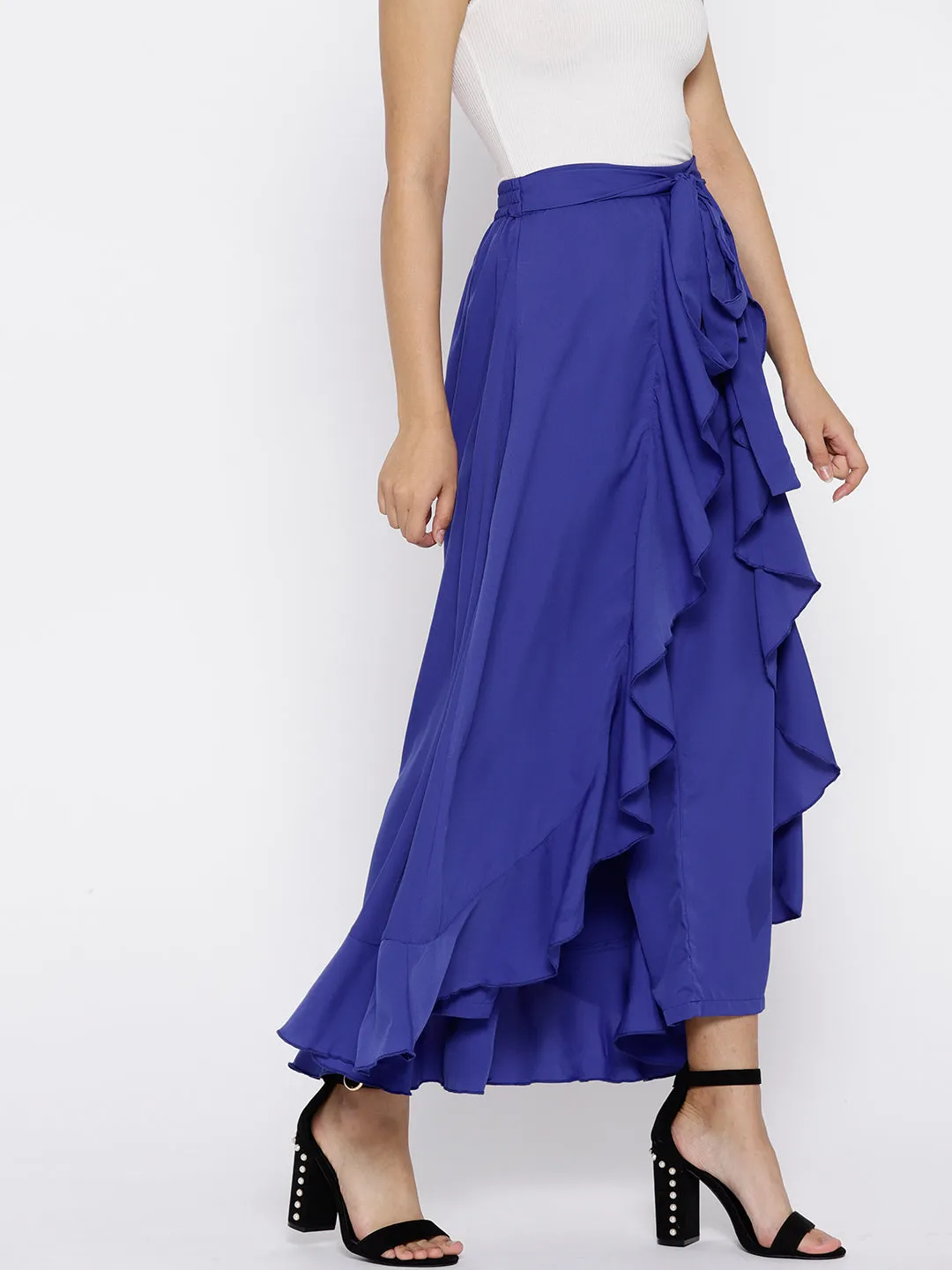 Berrylush Women Solid Blue Waist Tie-Up Ruffled Maxi Skirt with Attached Trousers