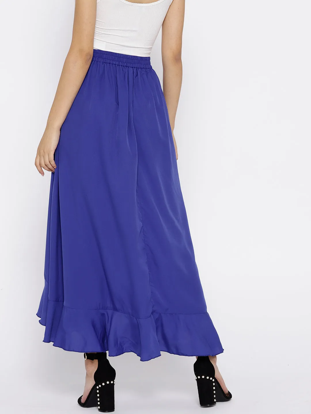 Berrylush Women Solid Blue Waist Tie-Up Ruffled Maxi Skirt with Attached Trousers
