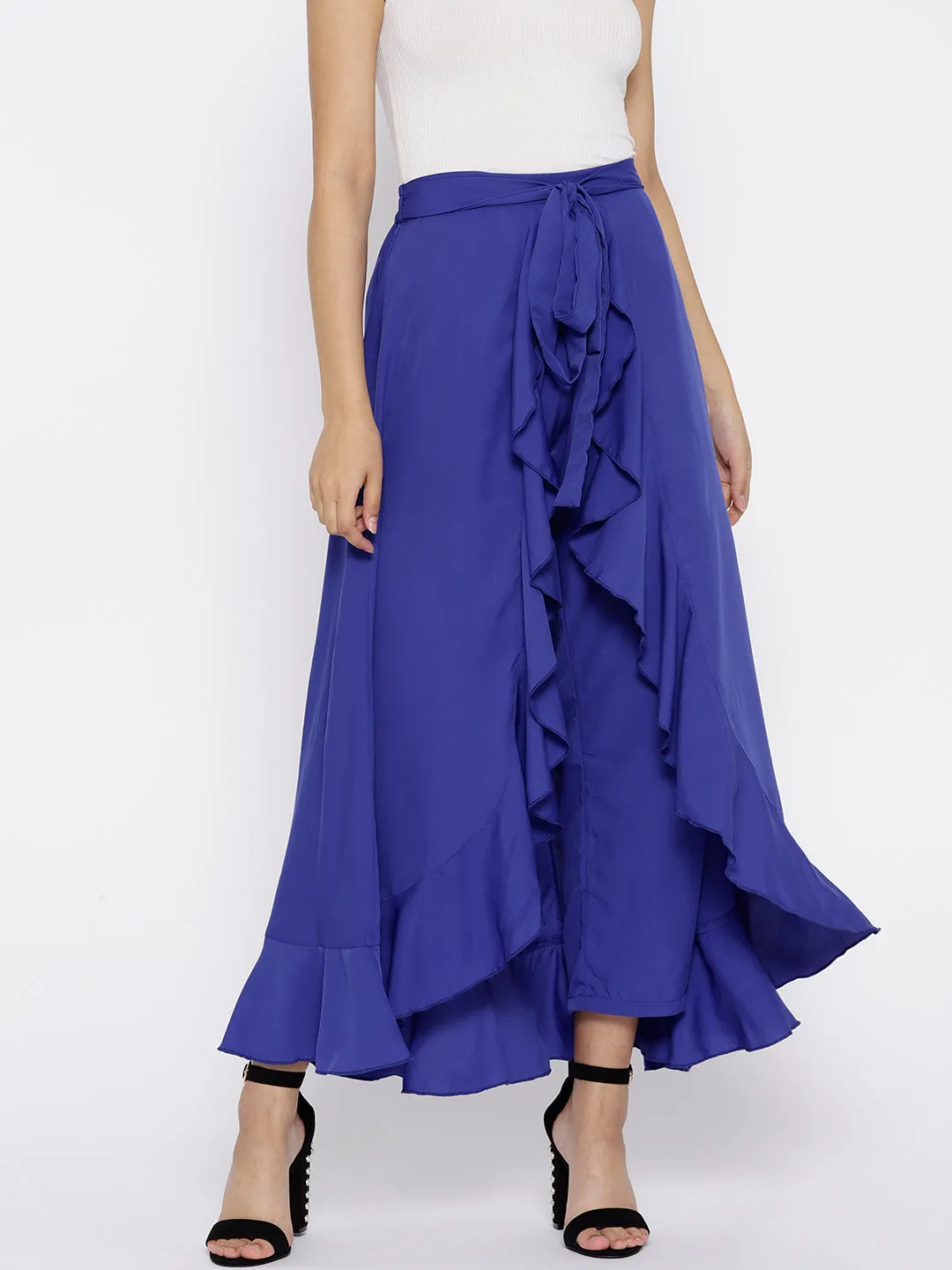 Berrylush Women Solid Blue Waist Tie-Up Ruffled Maxi Skirt with Attached Trousers