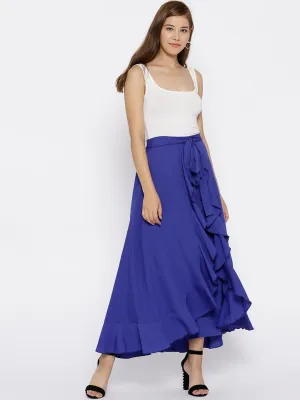 Berrylush Women Solid Blue Waist Tie-Up Ruffled Maxi Skirt with Attached Trousers