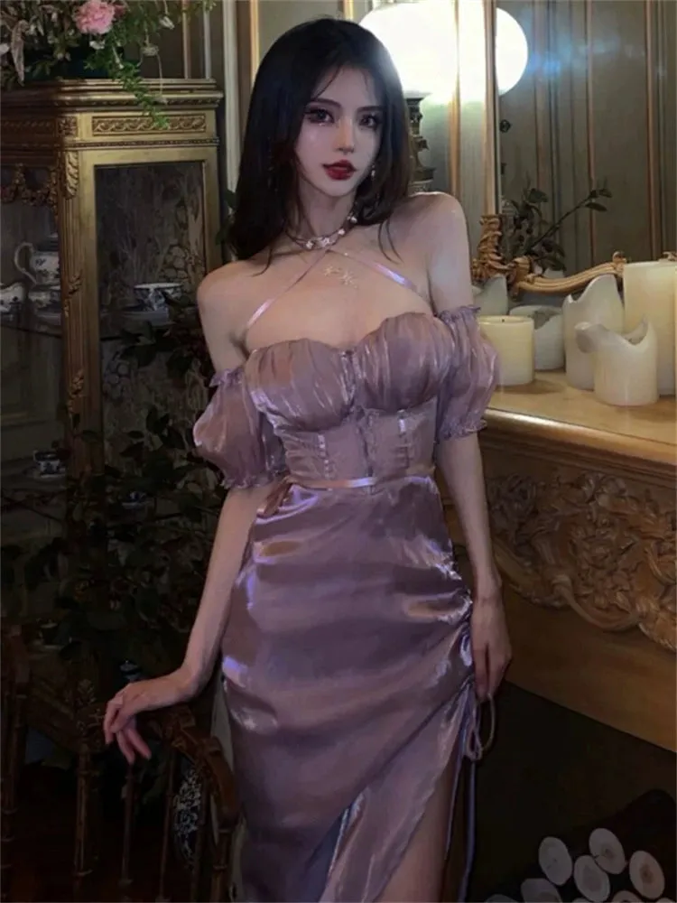 Birthday dress purple off-shoulder dress for women     S5733
