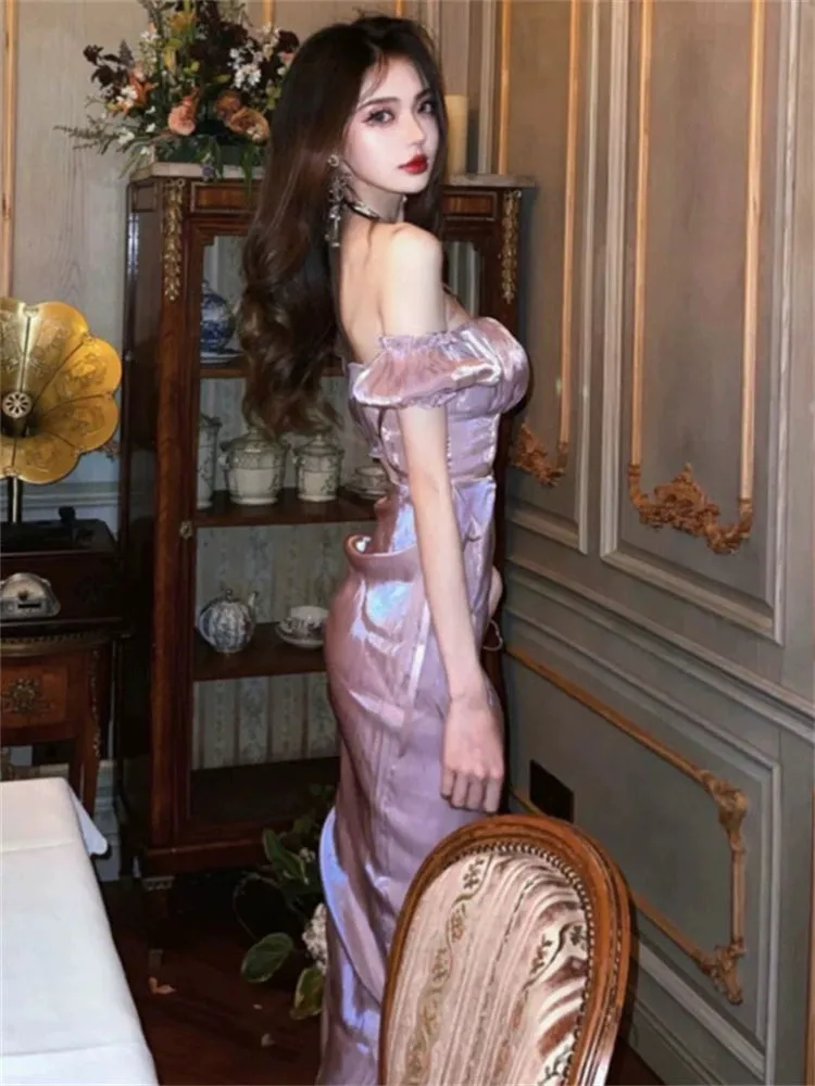 Birthday dress purple off-shoulder dress for women     S5733