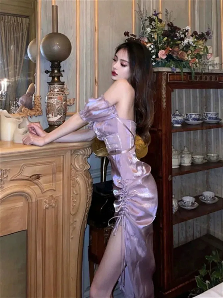 Birthday dress purple off-shoulder dress for women     S5733