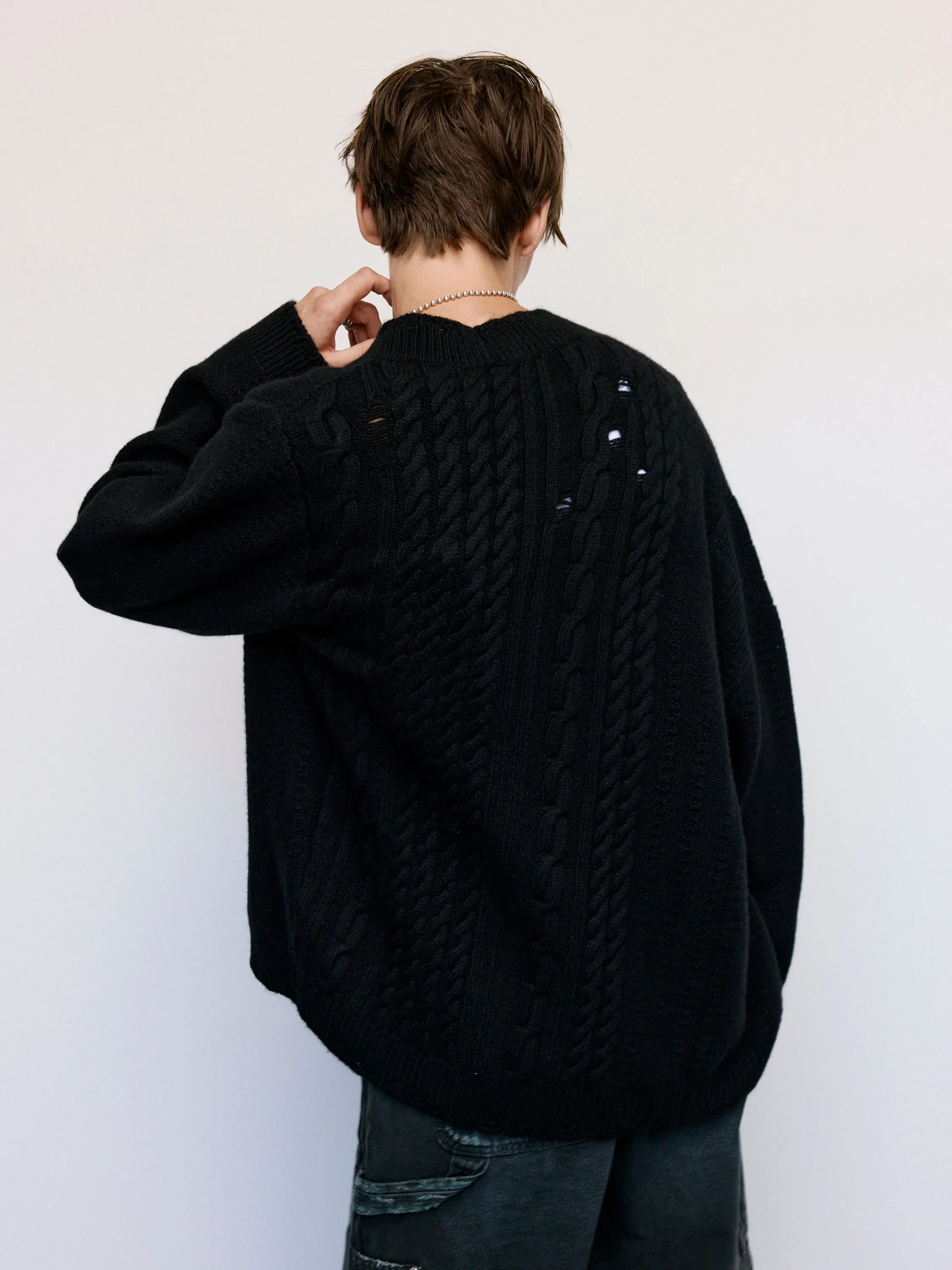 Black Asymmetrical Cable Knit Cardigan