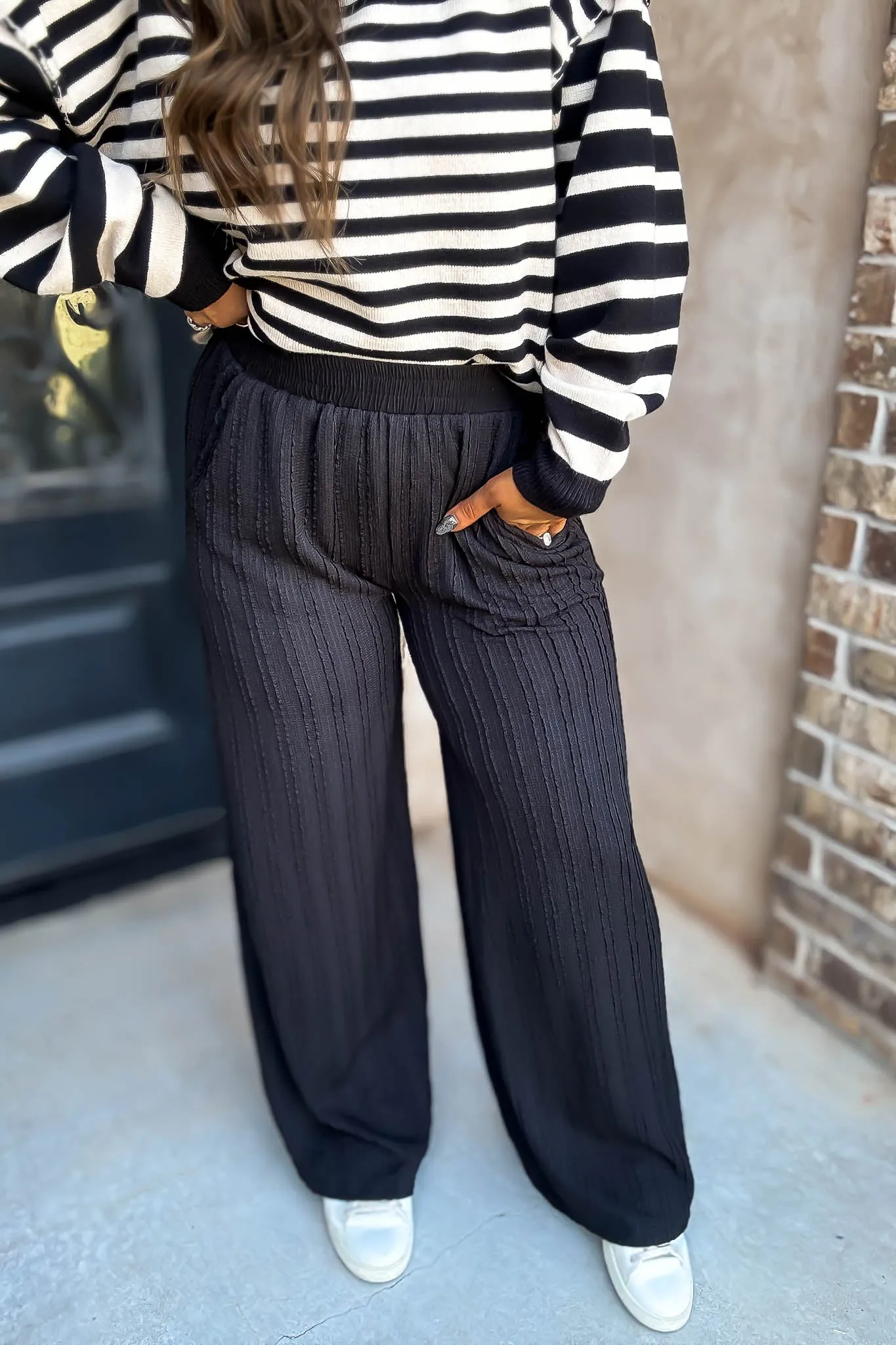 Black Textured Wide Leg Pants