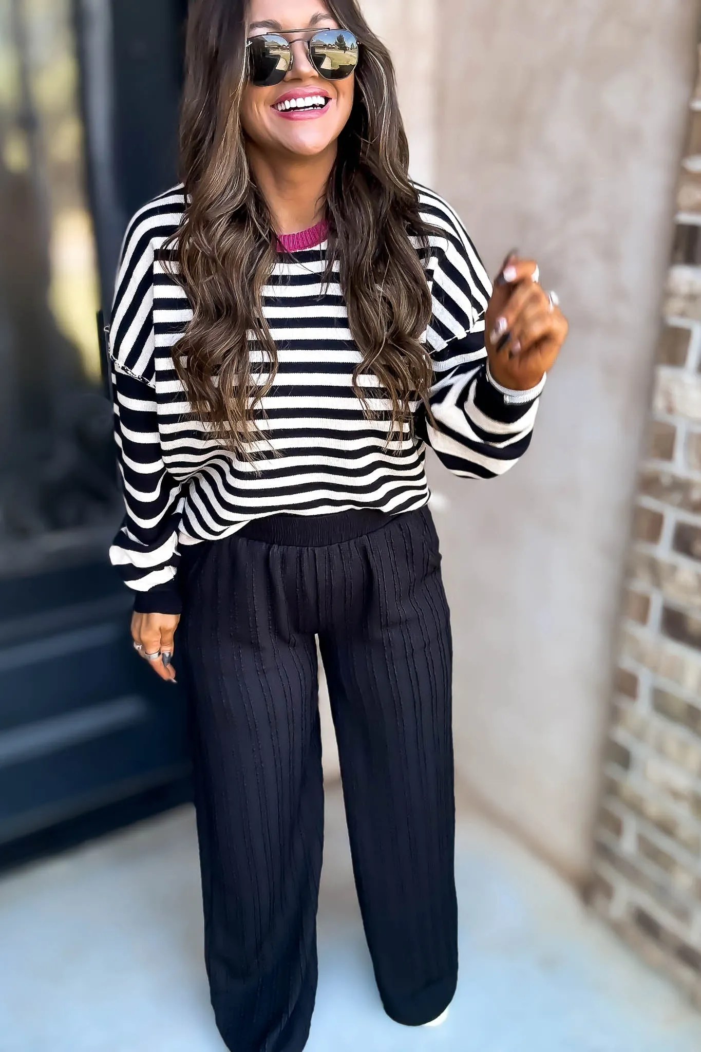 Black Textured Wide Leg Pants