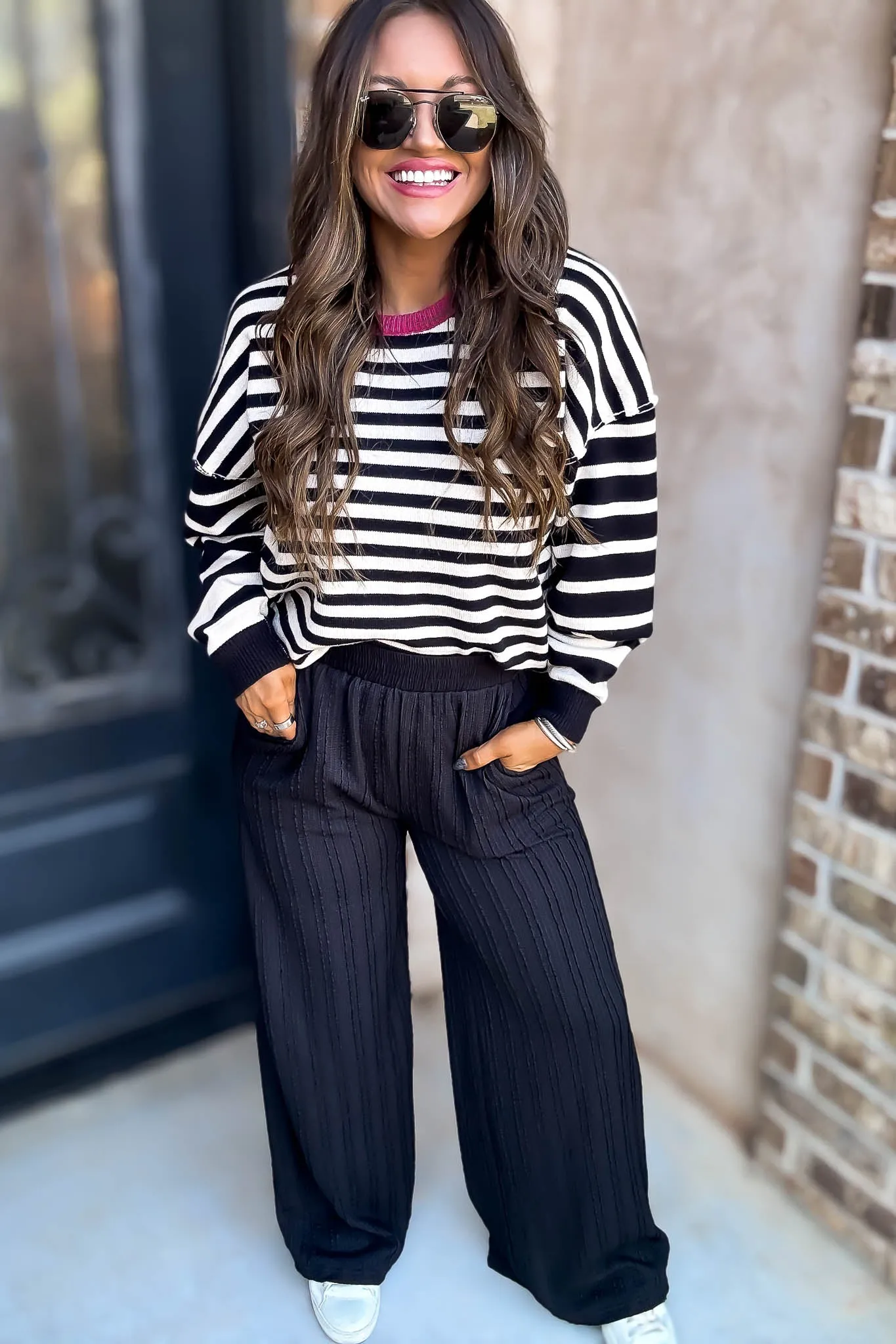 Black Textured Wide Leg Pants
