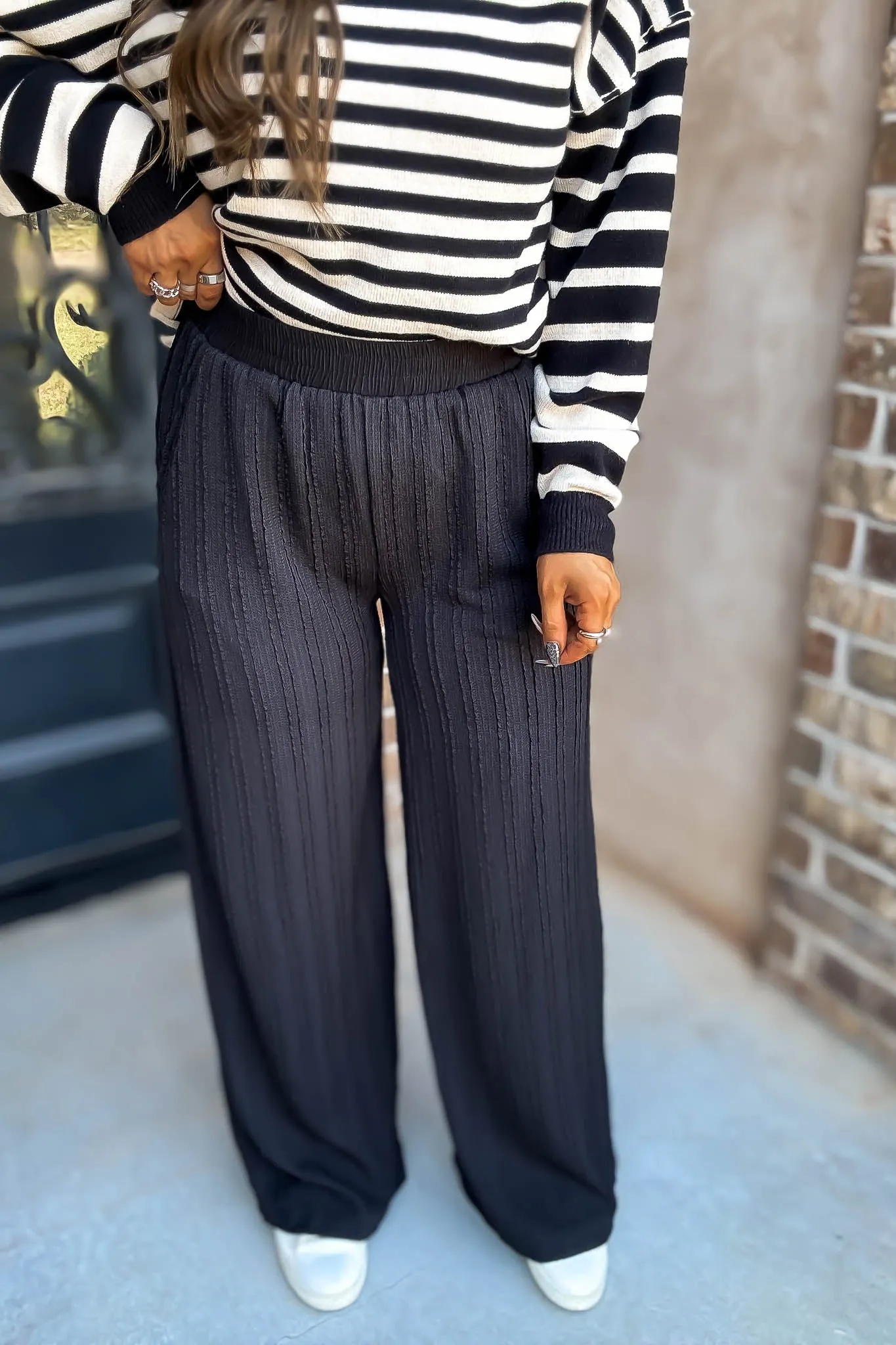 Black Textured Wide Leg Pants