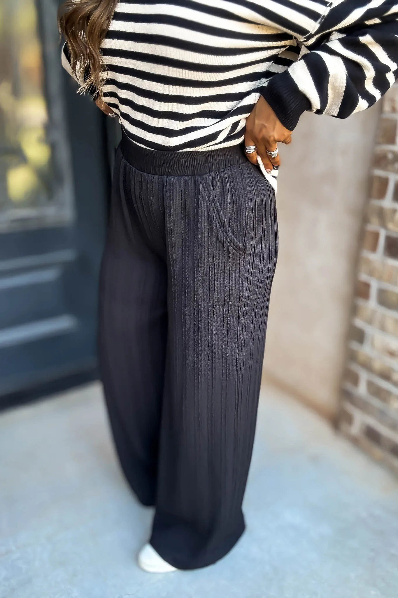 Black Textured Wide Leg Pants