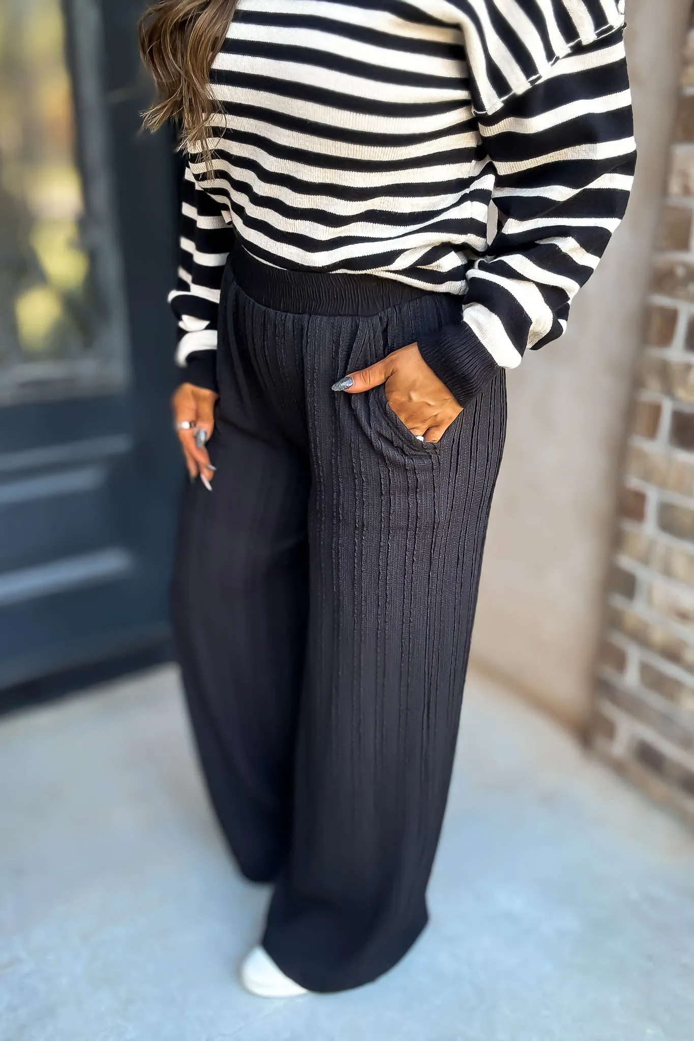 Black Textured Wide Leg Pants