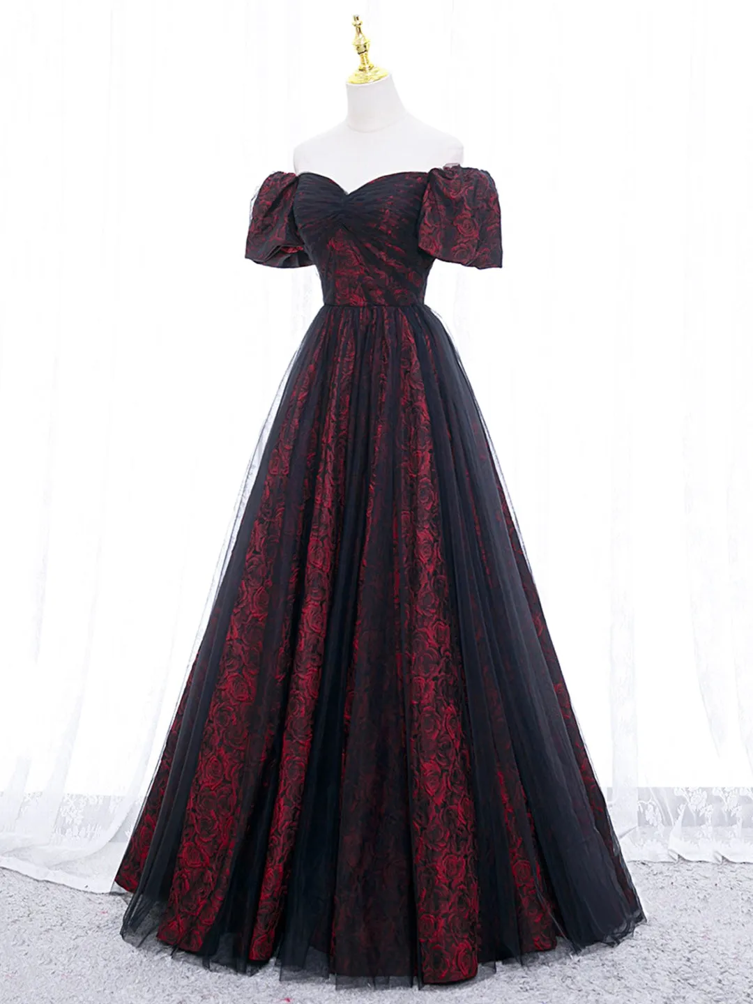 Black Tulle A-Line Prom Dress with Rose Print Black Off Shoulder Evening Party Dress