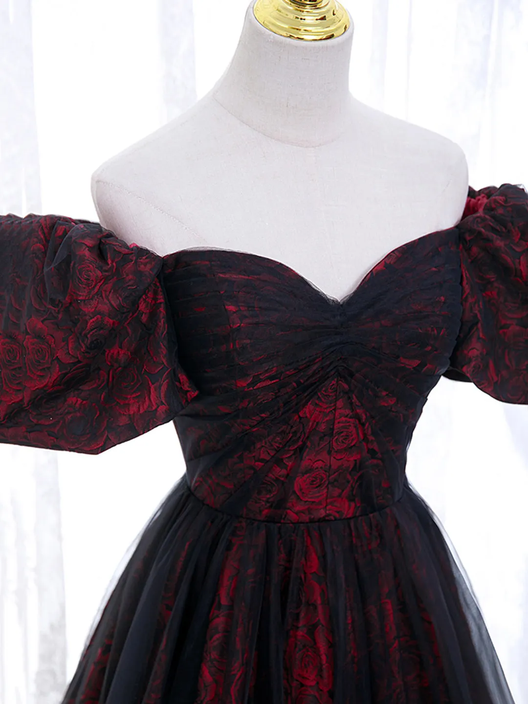 Black Tulle A-Line Prom Dress with Rose Print Black Off Shoulder Evening Party Dress