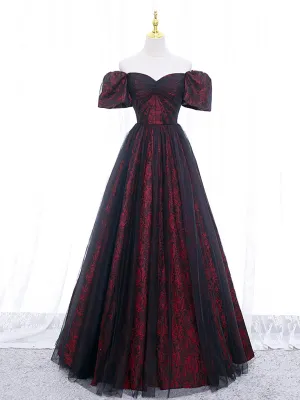 Black Tulle A-Line Prom Dress with Rose Print Black Off Shoulder Evening Party Dress