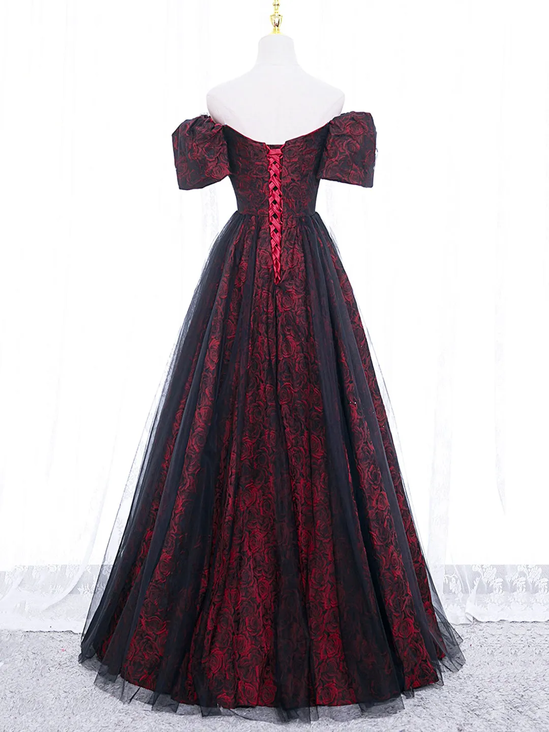 Black Tulle A-Line Prom Dress with Rose Print Black Off Shoulder Evening Party Dress