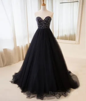 Black tulle sweetheart neck long prom dress black evening dress