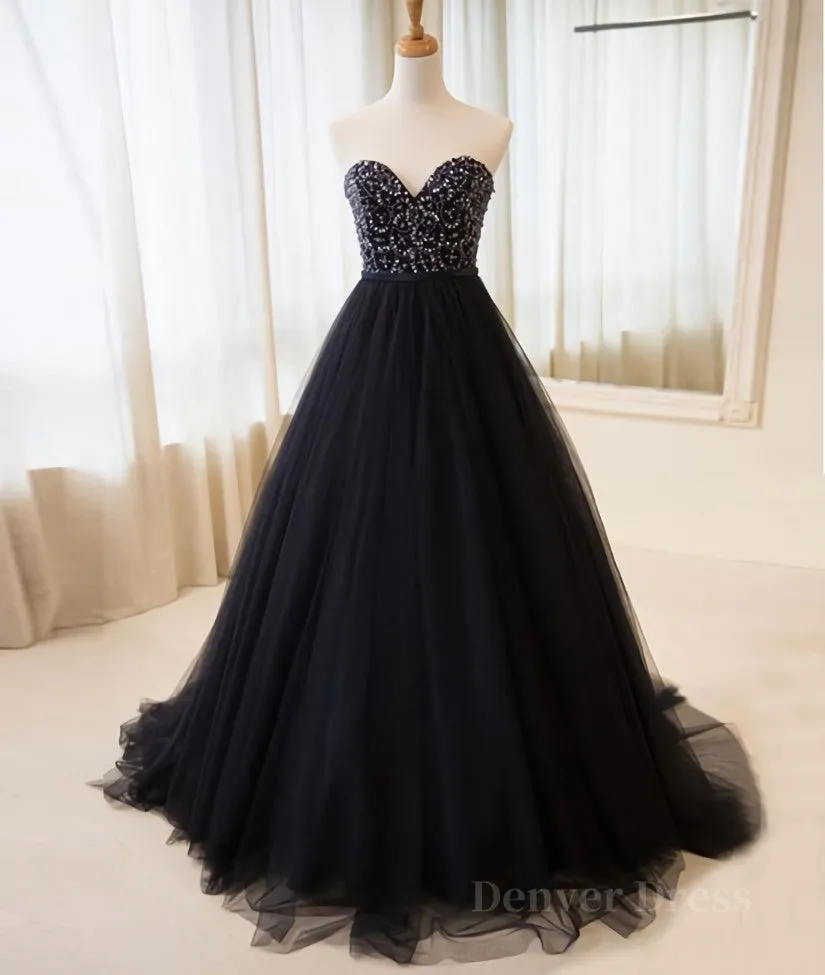 Black tulle sweetheart neck long prom dress black evening dress