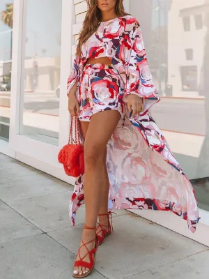 Bohemian loose casual tops shorts floral suit