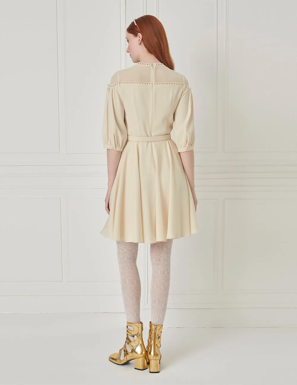 BORA AKSU Hepburn Style Acetate Patchwork Lace Trim Umbrella Dress