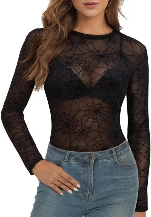 Buauty Mesh Long Sleeve Top for Women, Lace Sheer Tops See Through Mock Neck Floral Embroidery Sheer Blouce Fishnet Shirt