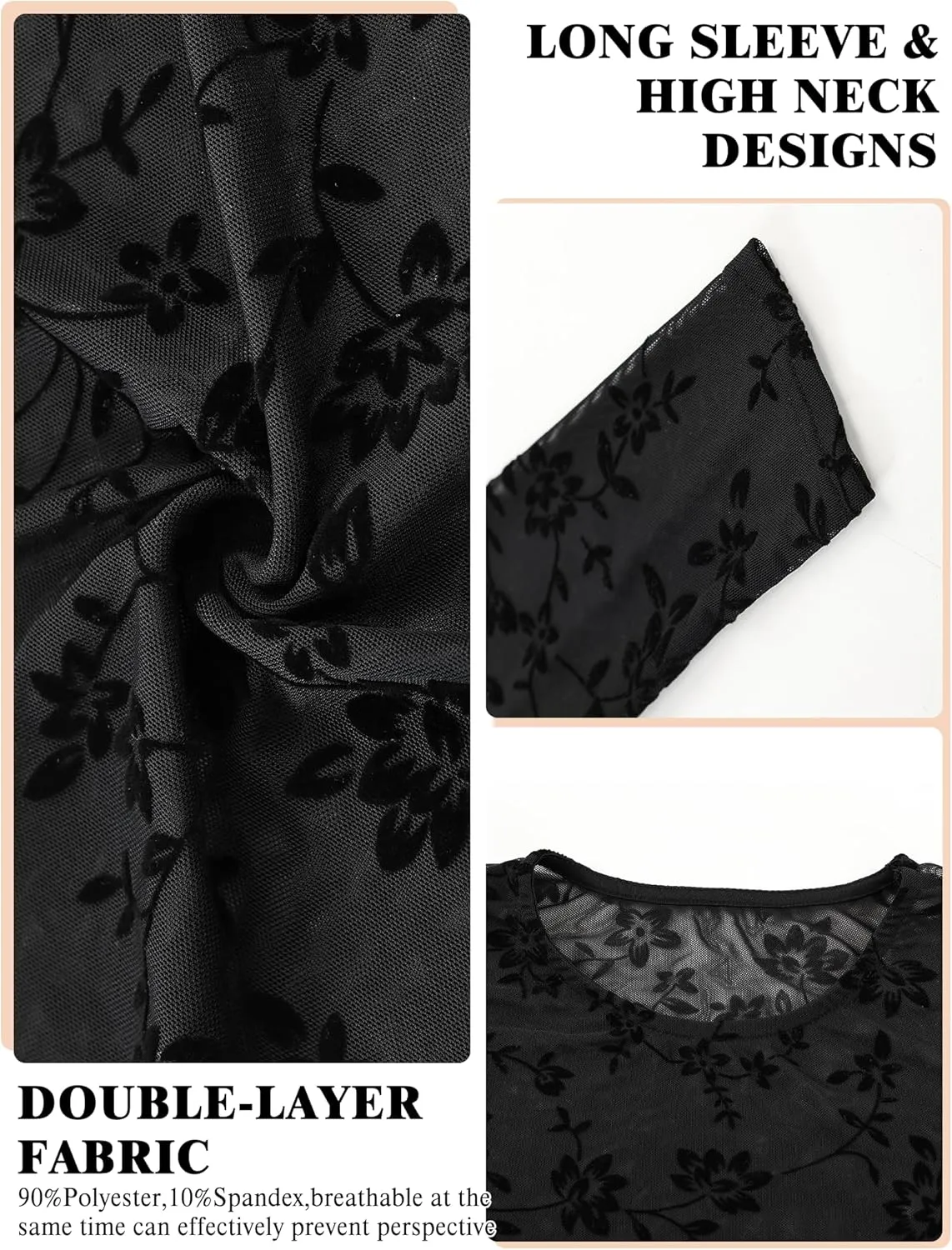 Buauty Mesh Long Sleeve Top for Women, Lace Sheer Tops See Through Mock Neck Floral Embroidery Sheer Blouce Fishnet Shirt