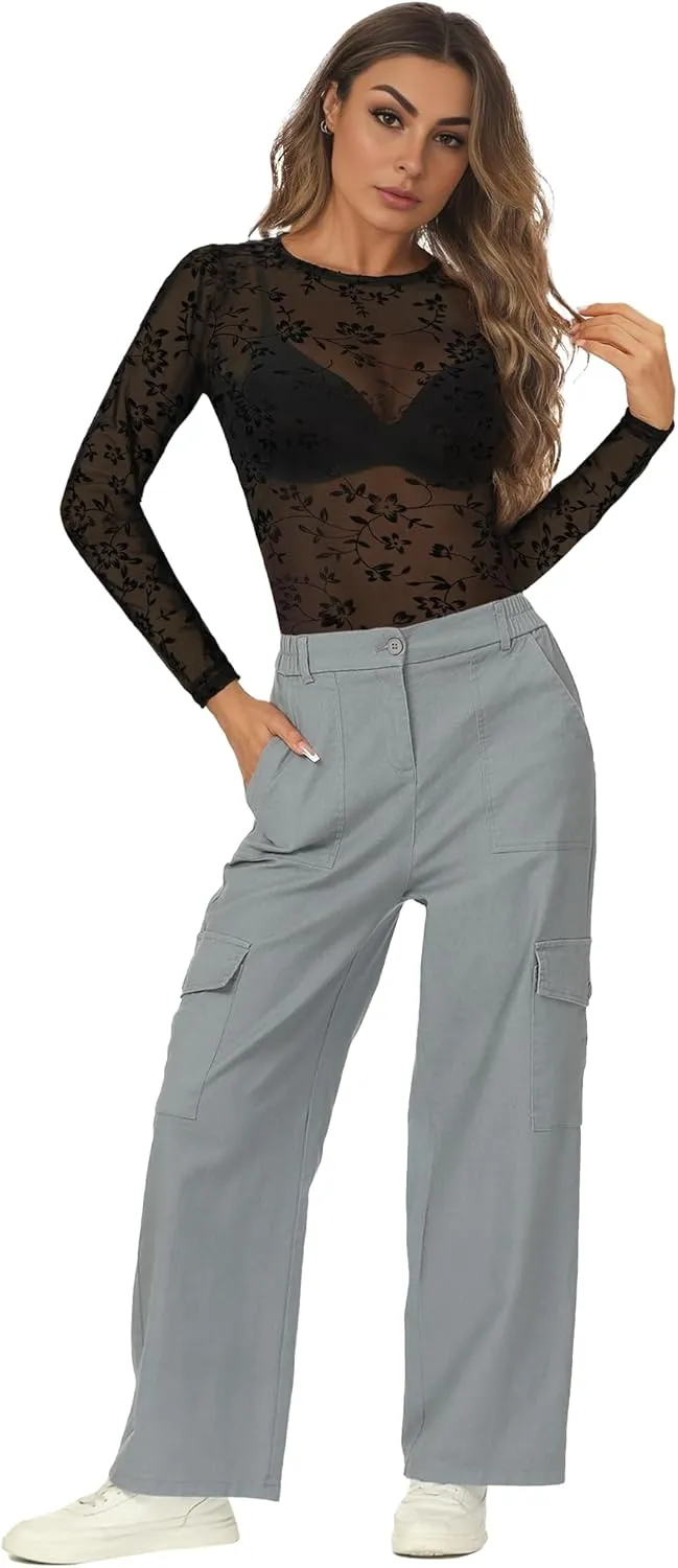 Buauty Mesh Long Sleeve Top for Women, Lace Sheer Tops See Through Mock Neck Floral Embroidery Sheer Blouce Fishnet Shirt