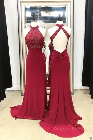 Burgundy high neck lace mermaid long prom dress lace evening dress