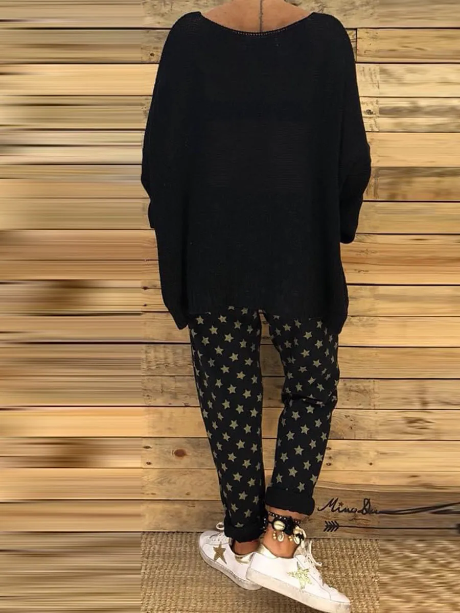 Casual Loose Knit Long Sleeve Top Pants Knitted Suit