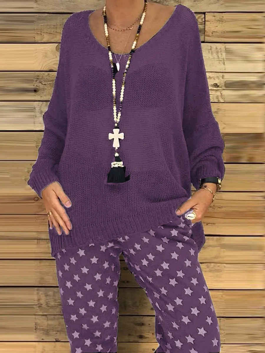 Casual Loose Knit Long Sleeve Top Pants Knitted Suit