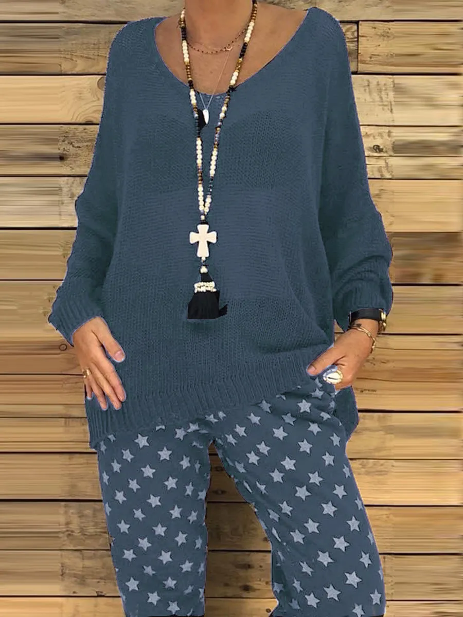 Casual Loose Knit Long Sleeve Top Pants Knitted Suit