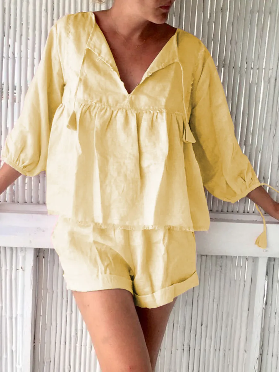 Casual Loose Solid Color Mid-sleeved Top and Shorts Two-piece Suit