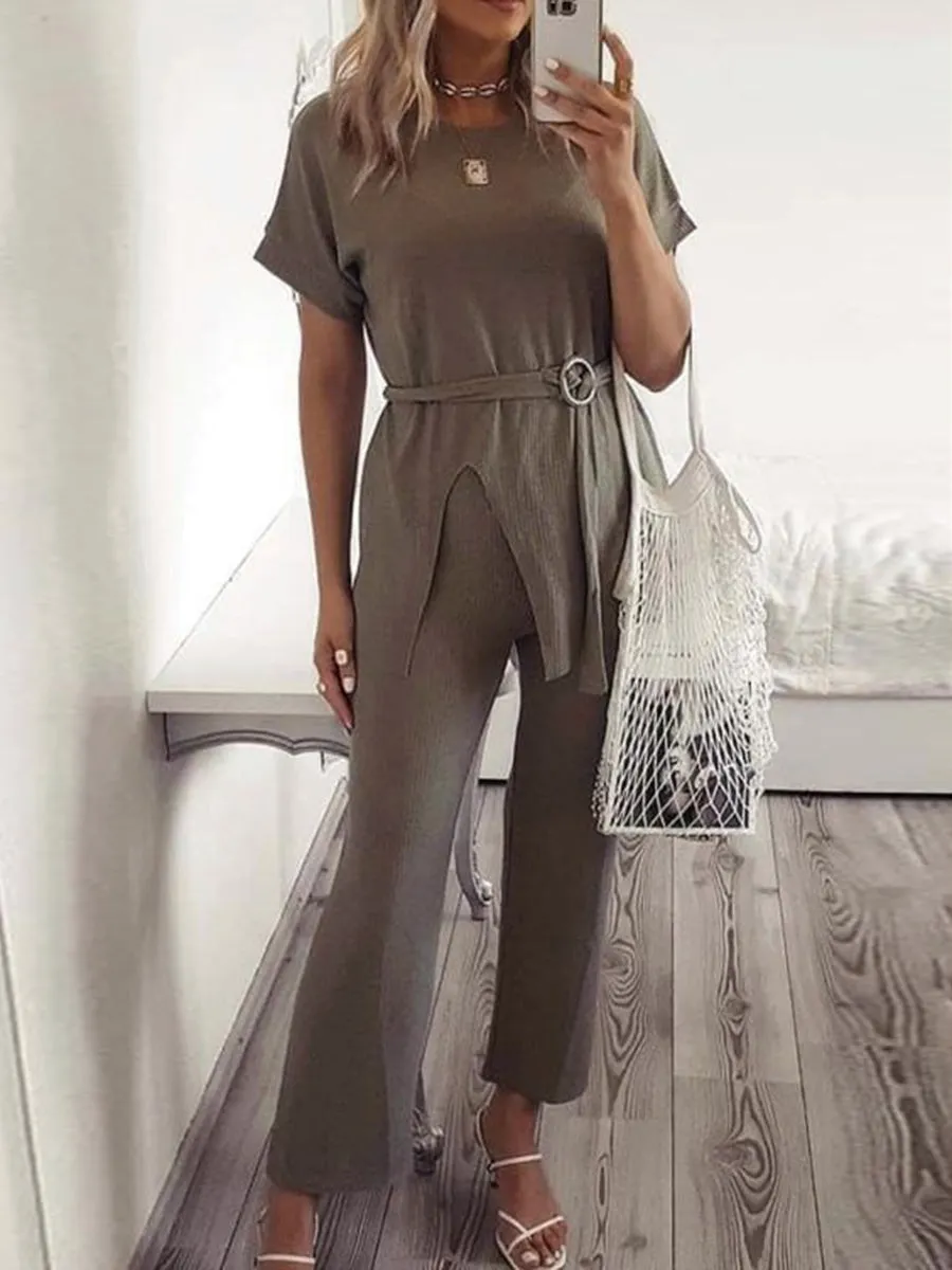 Casual Loose Solid Color Round Neck Short Sleeve Two-piece Suit