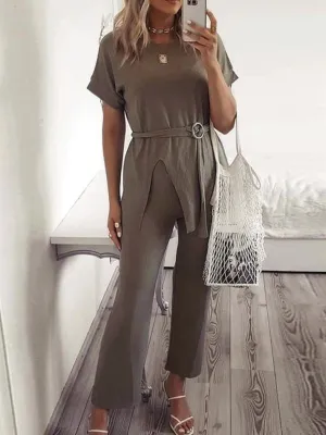 Casual Loose Solid Color Round Neck Short Sleeve Two-piece Suit